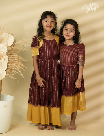 Mysore silk frock -  Maroon and Mustard Yellow - mylini