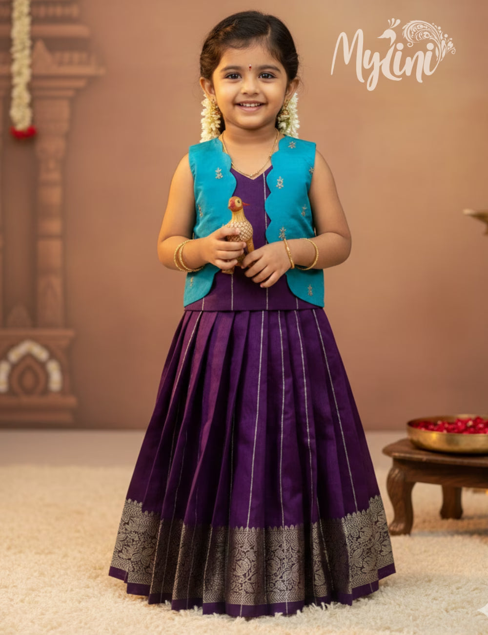Semi Silk Pattupavadai - Royal Purple & Sky Blue - mylini