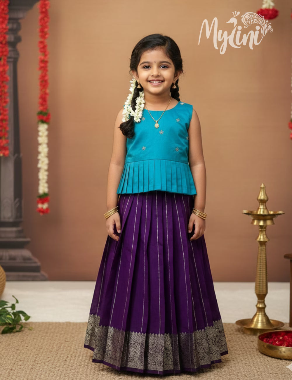 Semi Silk Pattupavadai -  Teal Blue and Royal Purple - mylini