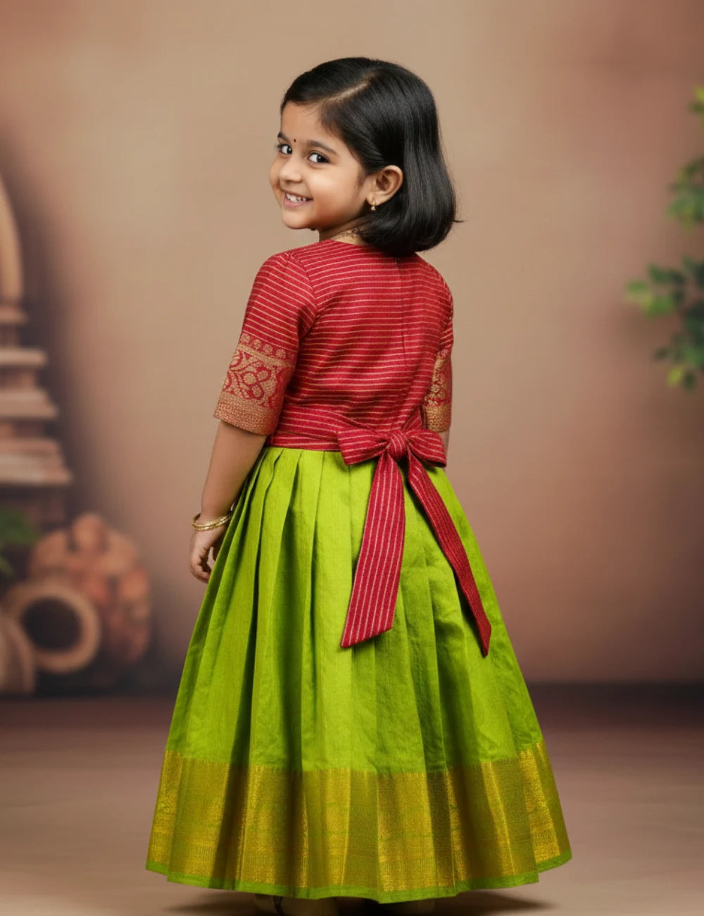 Parrot Green & Maroon Mysore Silk Baby Girl Traditional Frock | Tie-Up Festive Dress - mylini