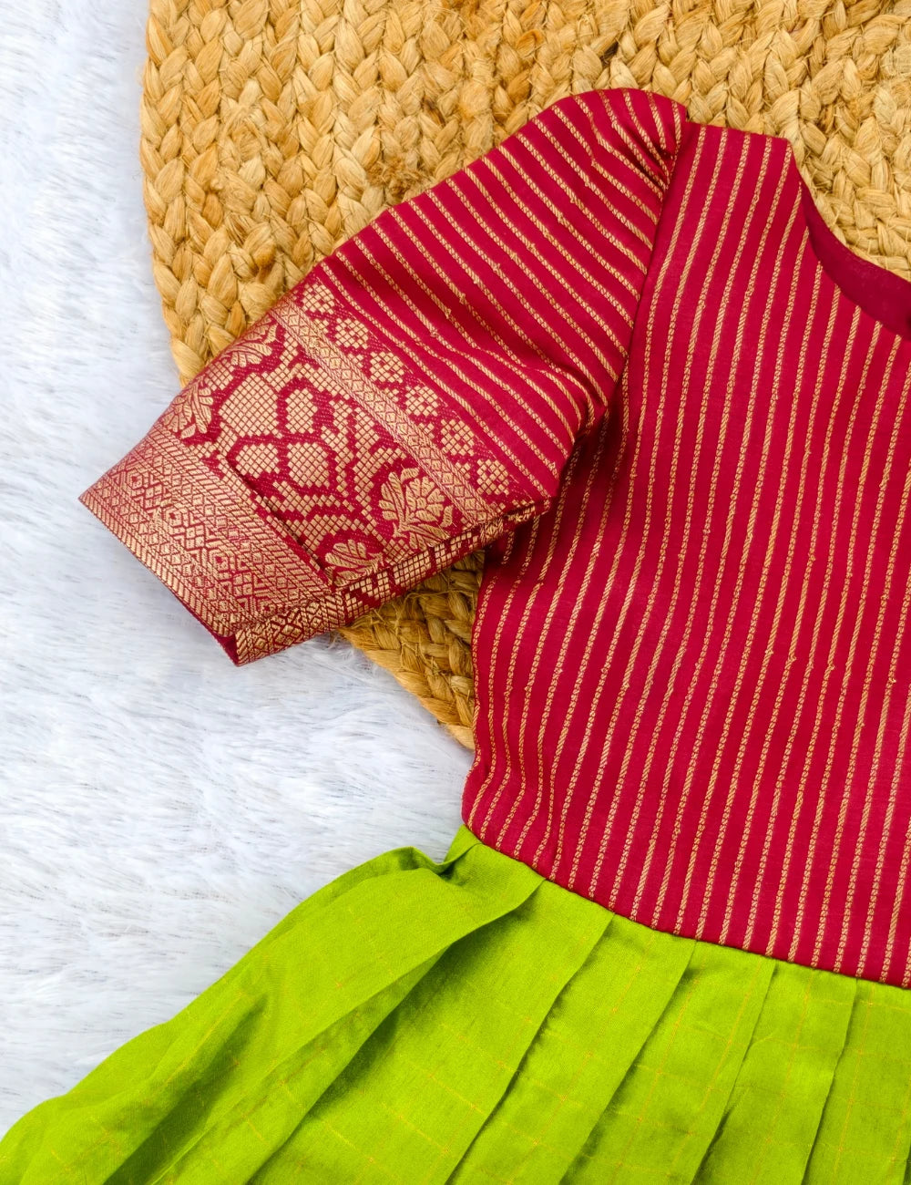 Parrot Green & Maroon Mysore Silk Baby Girl Traditional Frock | Tie-Up Festive Dress - mylini