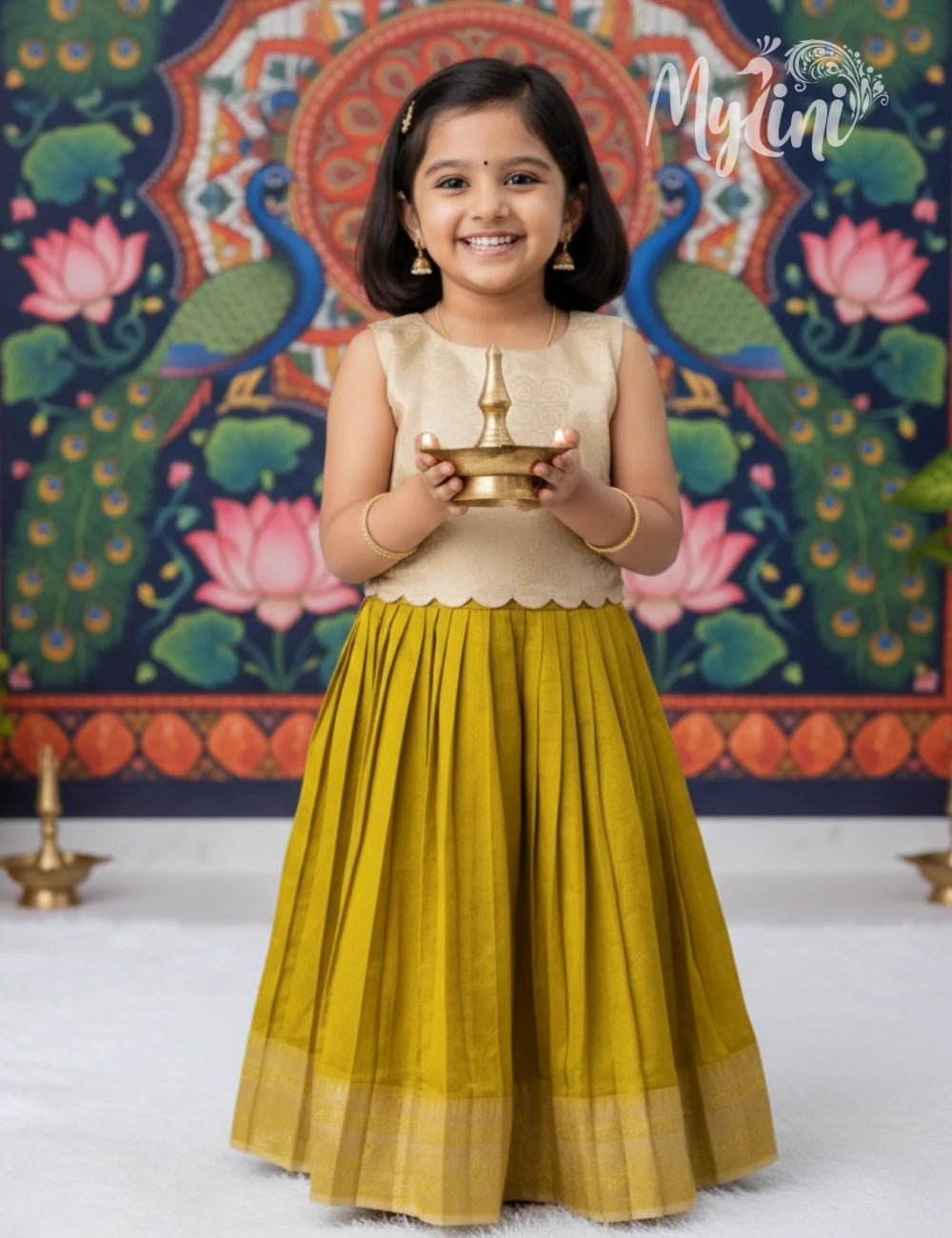 Cream & Mustard Girls Pattupavadai Set - mylini