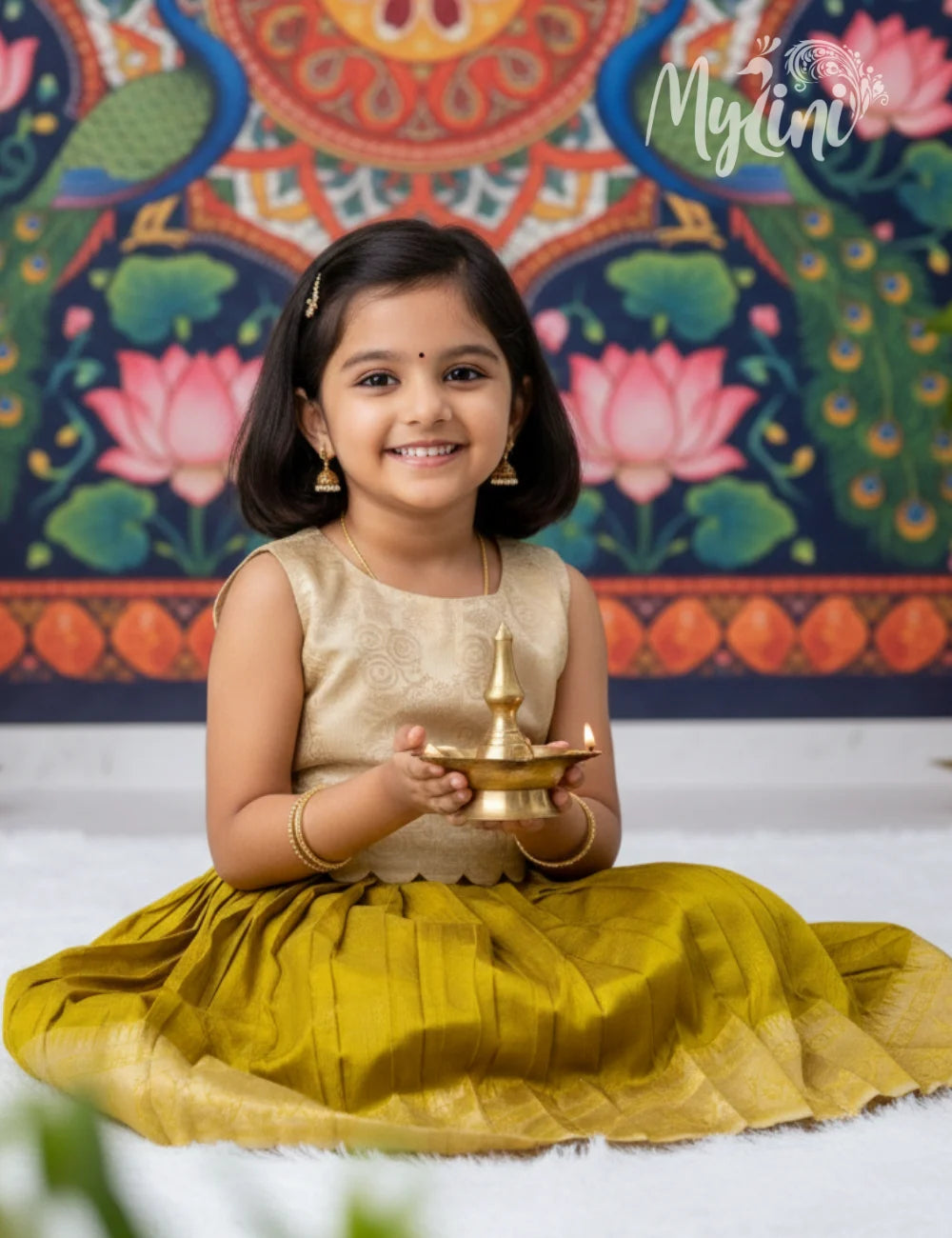 Cream & Mustard Girls Pattupavadai Set - mylini