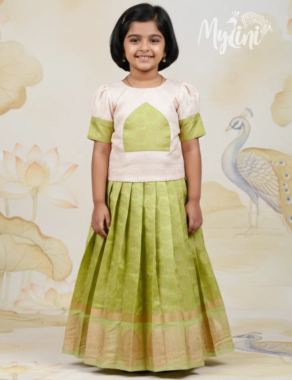 Ivory & Pistachio Girls Pattupavadai Set - mylini