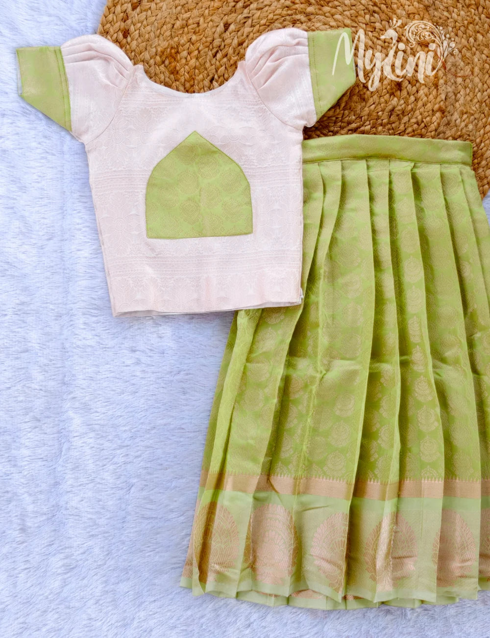 Ivory & Pistachio Girls Pattupavadai Set - mylini