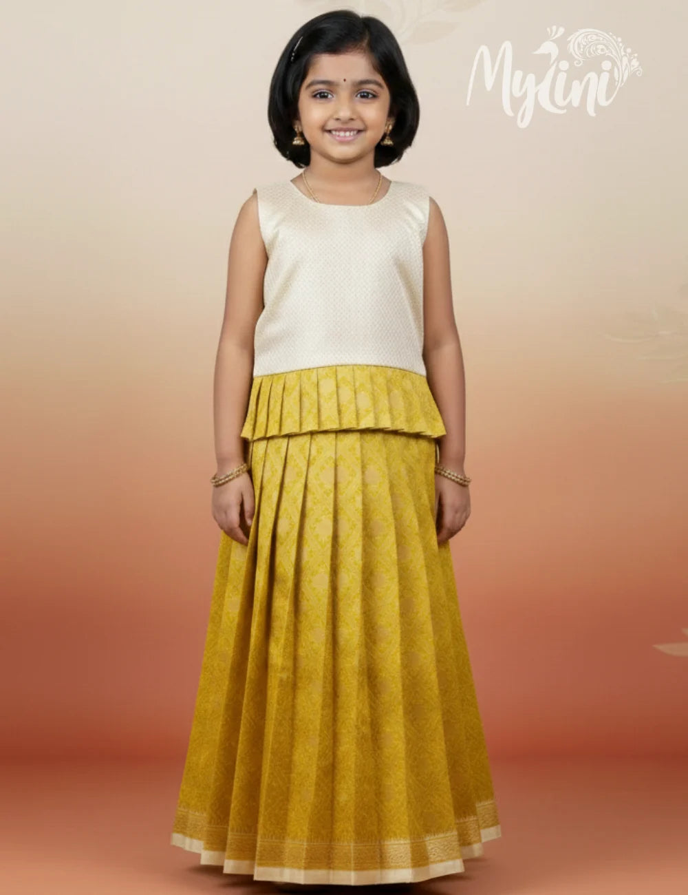 Ivory & Mustard Girls Pattupavadai Set - mylini
