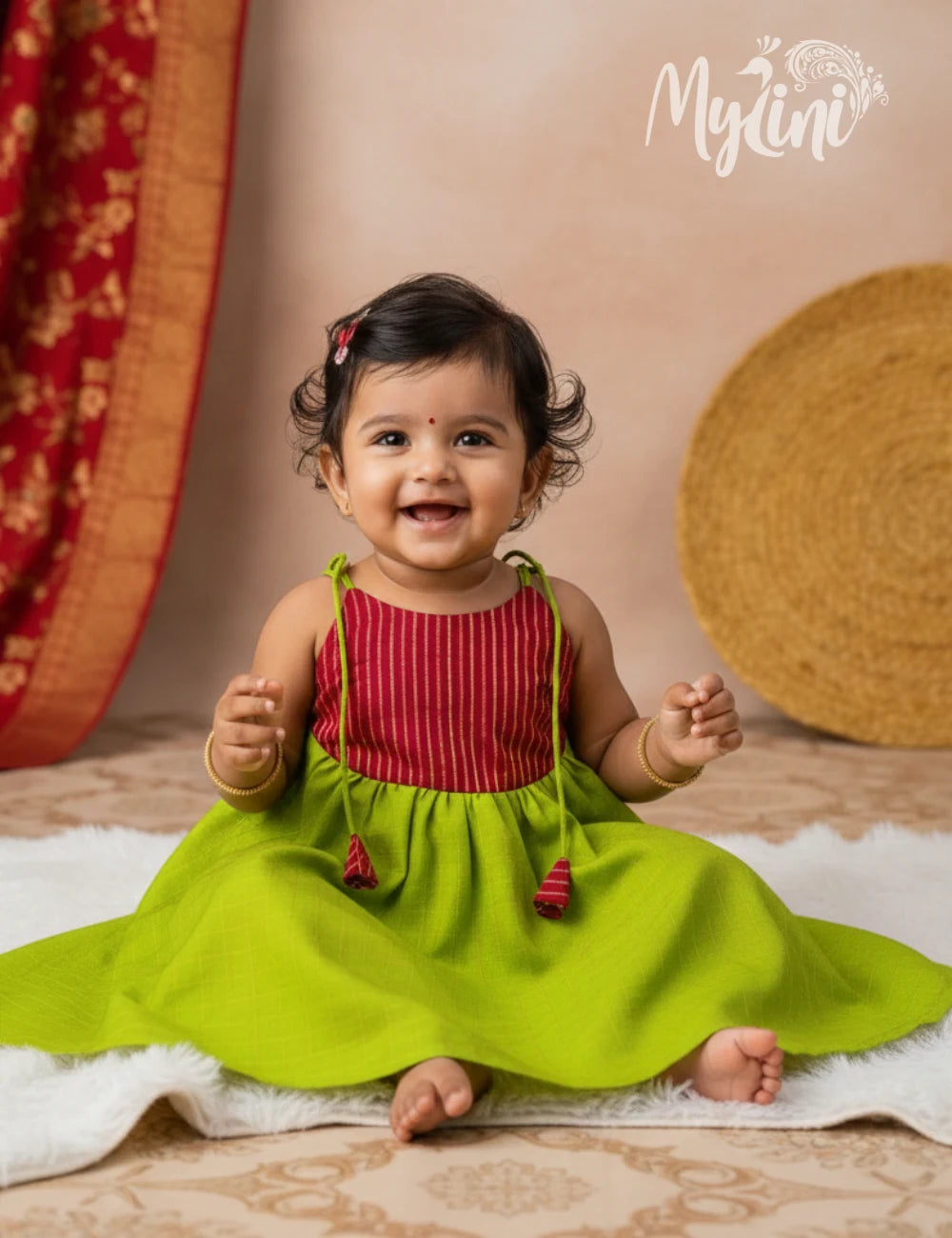 Parrot Green Traditional Silk Baby Frock - mylini