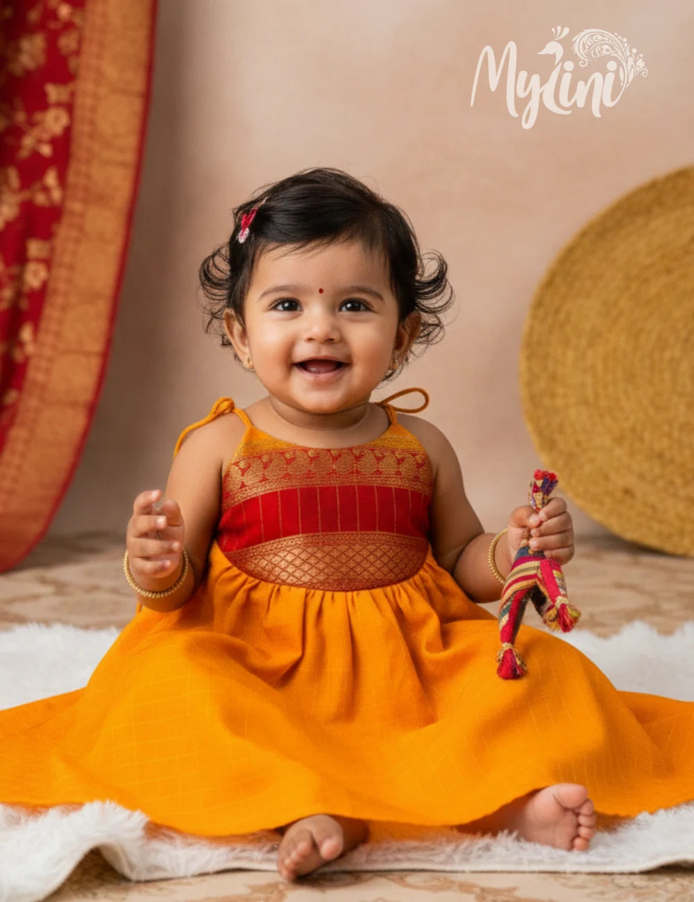 Mango Yellow & Red Mysore Silk Baby Frock | Traditional Tie-Up Dress for Girls - mylini