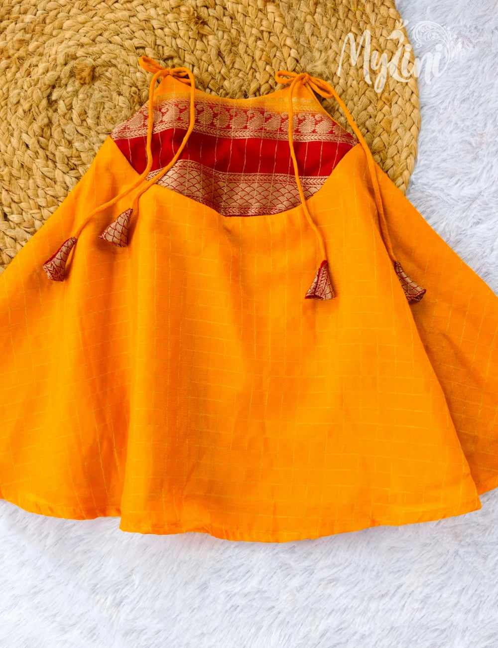 Mango Yellow & Red Mysore Silk Baby Frock | Traditional Tie-Up Dress for Girls - mylini