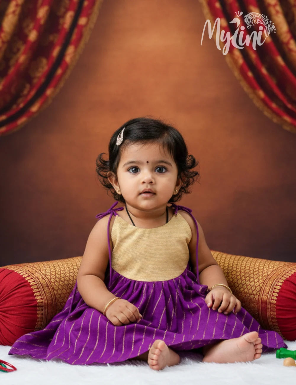Purple & Gold Mysore Silk Baby Girl Traditional Frock | Tie-Up Festive Dress - mylini