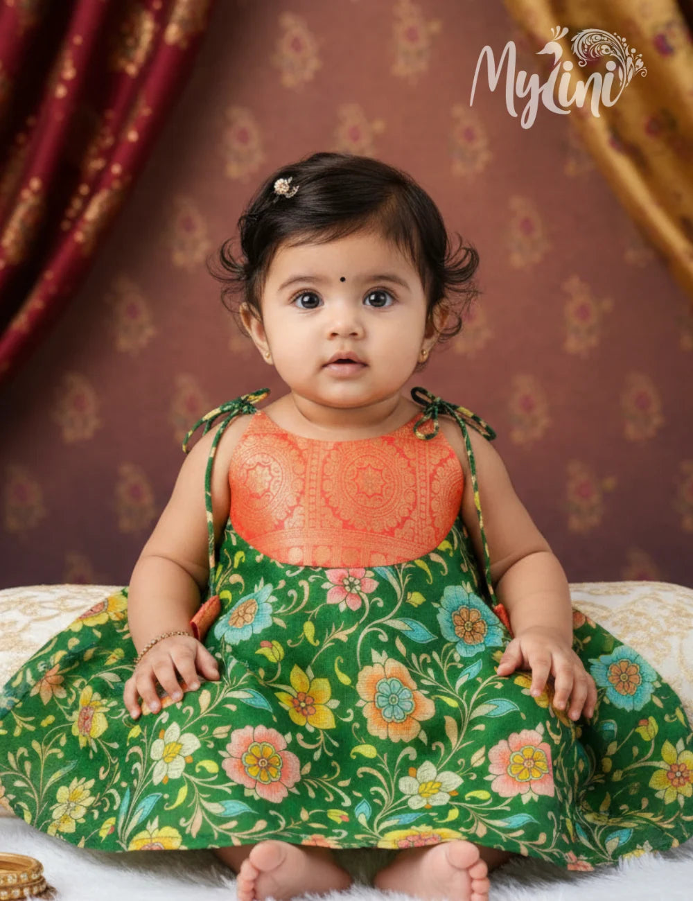 Green Floral Kalamkari Baby Girl Traditional Dress with Kanjivaram Border | Tie-Up Frock - mylini