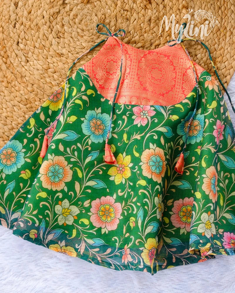 Green Floral Kalamkari Baby Girl Traditional Dress with Kanjivaram Border | Tie-Up Frock - mylini