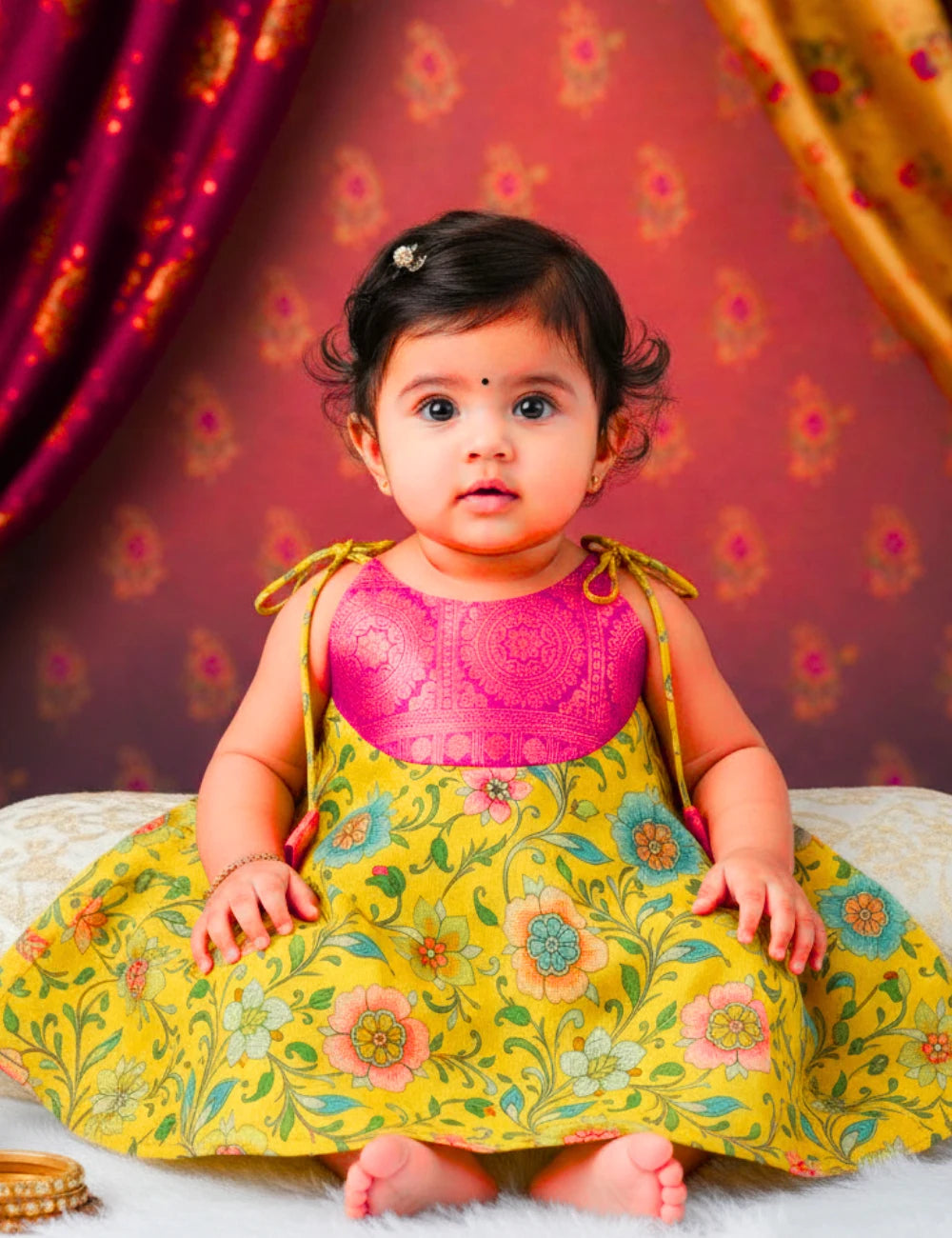 Yellow & Pink Floral Kalamkari Baby Girl Traditional Dress | Kanjivaram Border Tie-Up Frock - mylini
