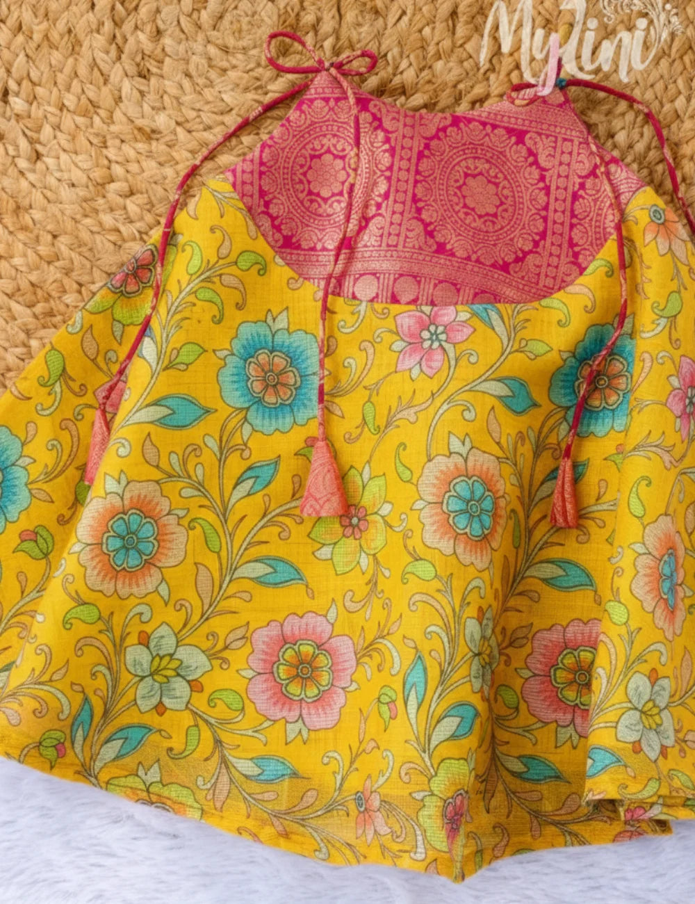 Yellow & Pink Floral Kalamkari Baby Girl Traditional Dress | Kanjivaram Border Tie-Up Frock - mylini