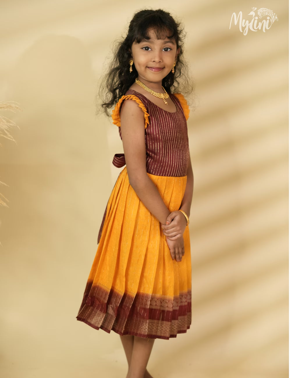 Mysore silk frock - Mango Yellow & Maroon - mylini