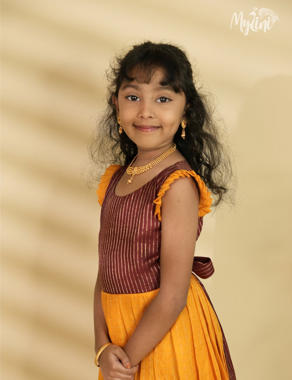 Mysore silk frock - Mango Yellow & Maroon - mylini