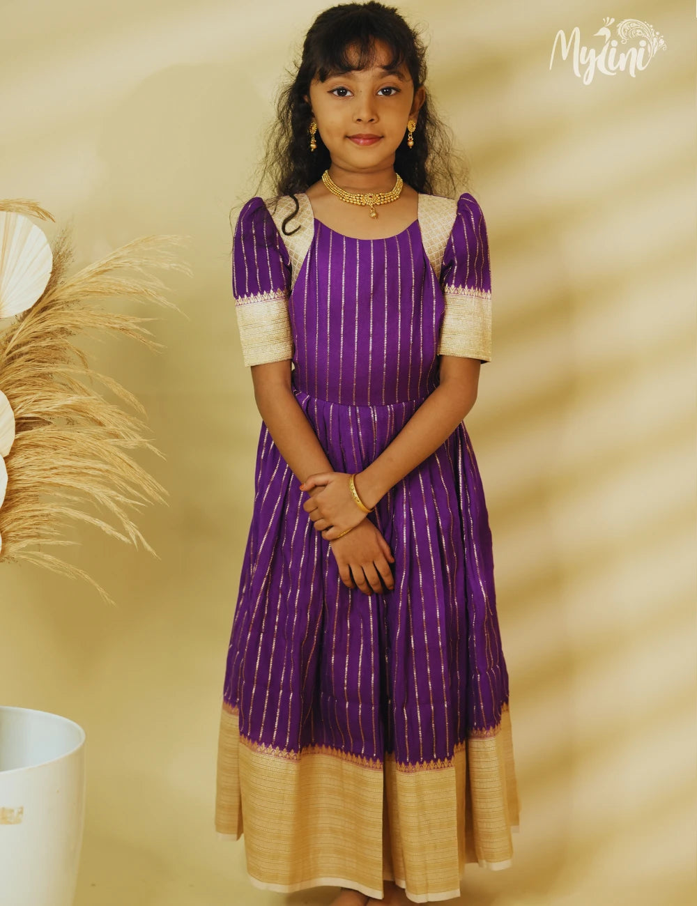 Mysore silk frock - Purple & Gold - mylini