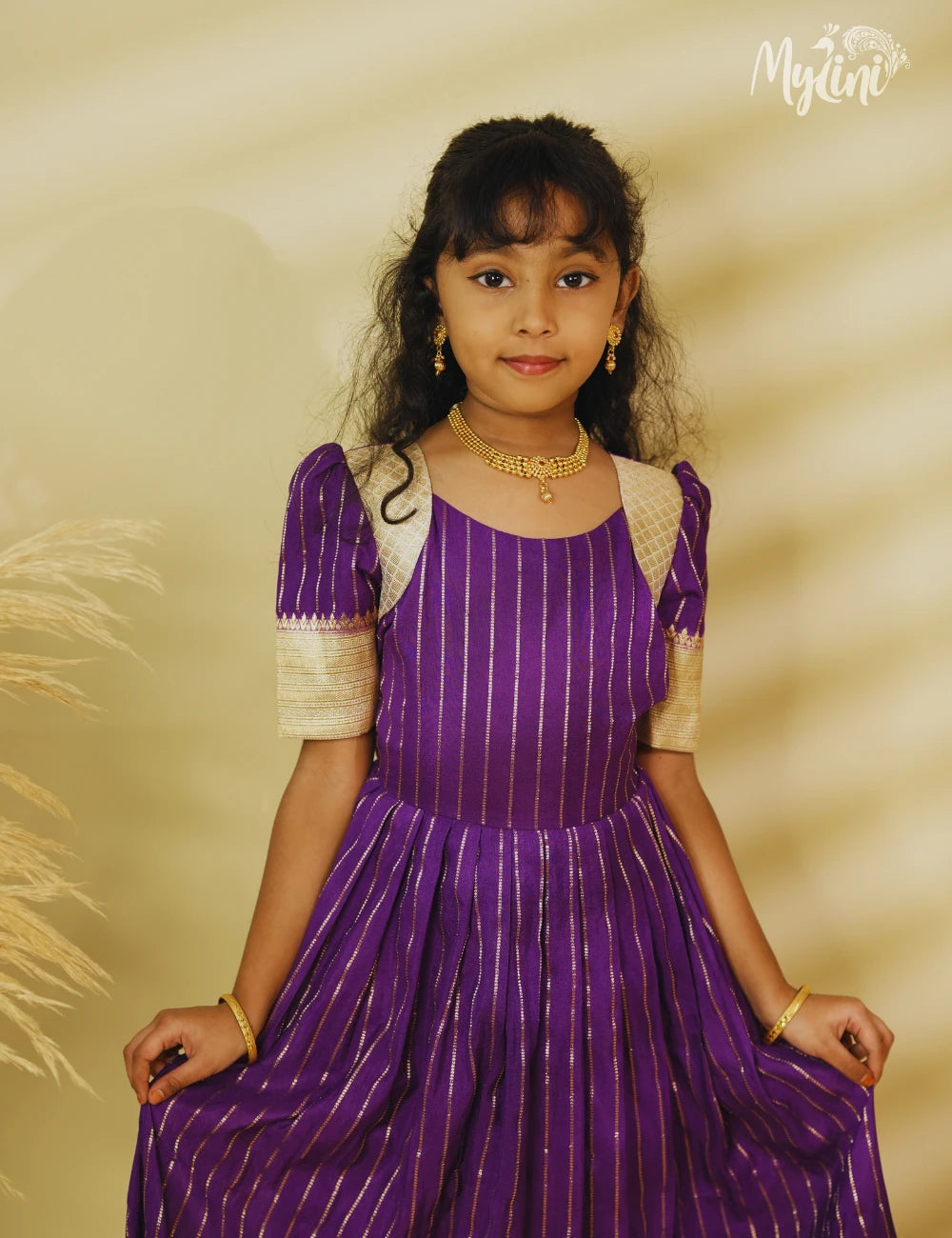 Mysore silk frock - Purple & Gold - mylini