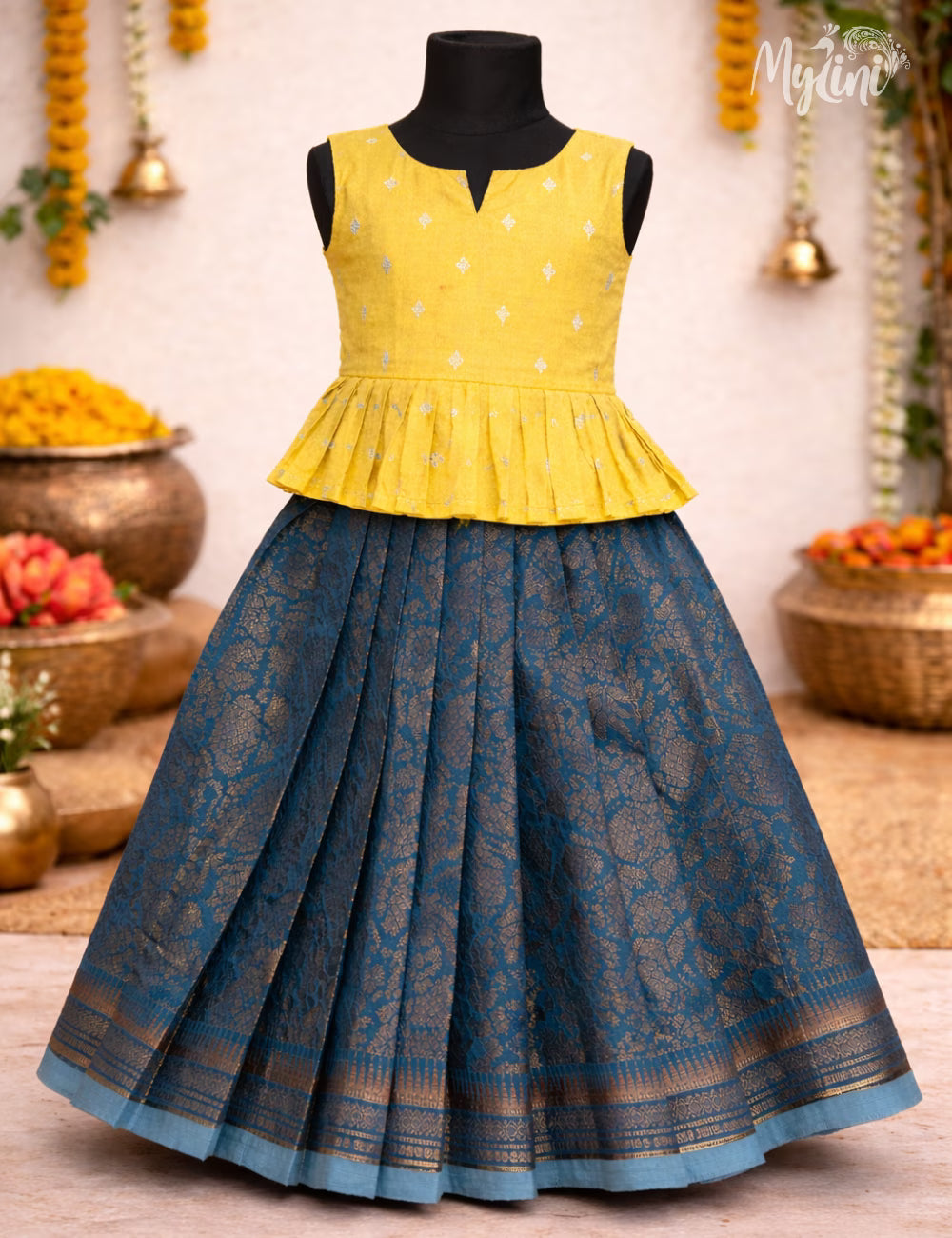 Semi Silk Pattupavadai - Yellow & Blue - mylini