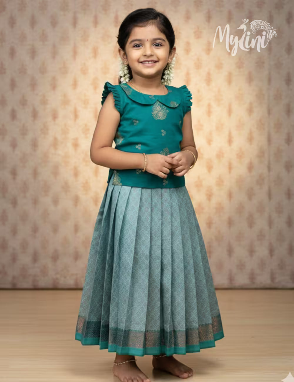 Semi Silk Pattupavadai - Teal Green & Sky Blue - mylini