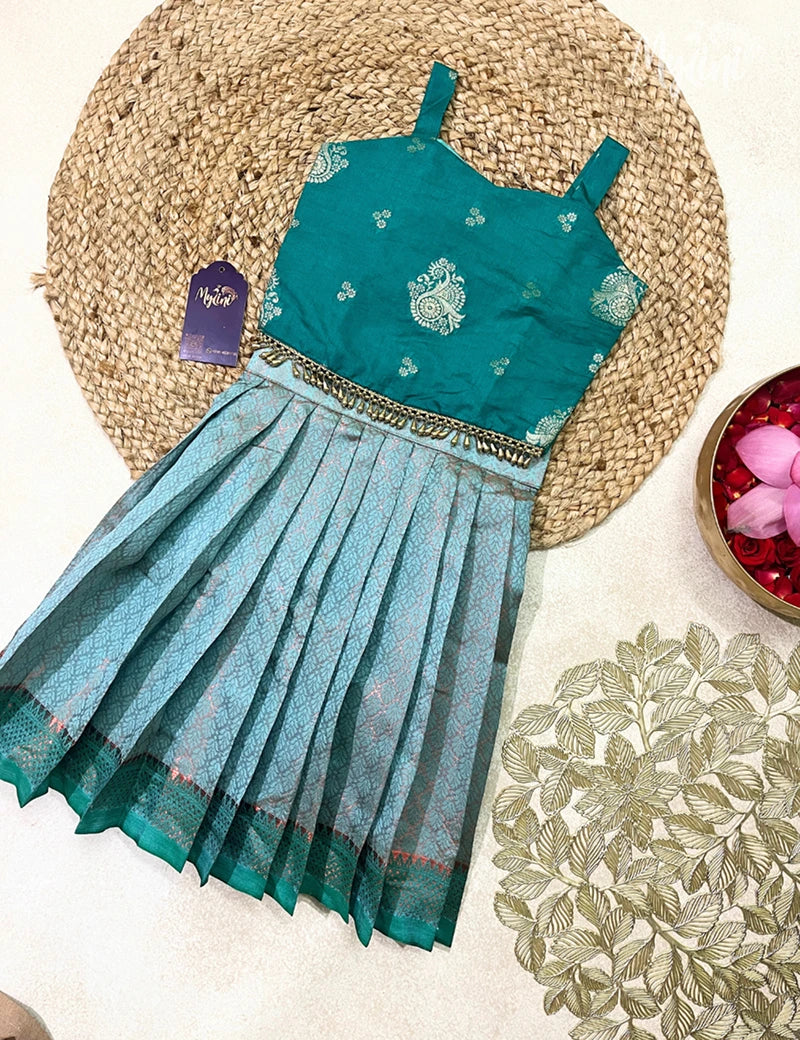 Semi Silk Pattupavadai - Bottle Green Top &amp; Sea Blue Skirt - mylini