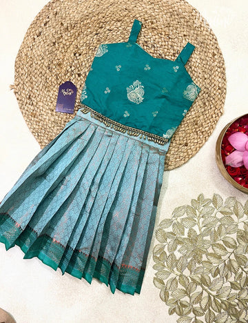 Semi Silk Pattupavadai - Bottle Green Top &amp; Sea Blue Skirt - mylini