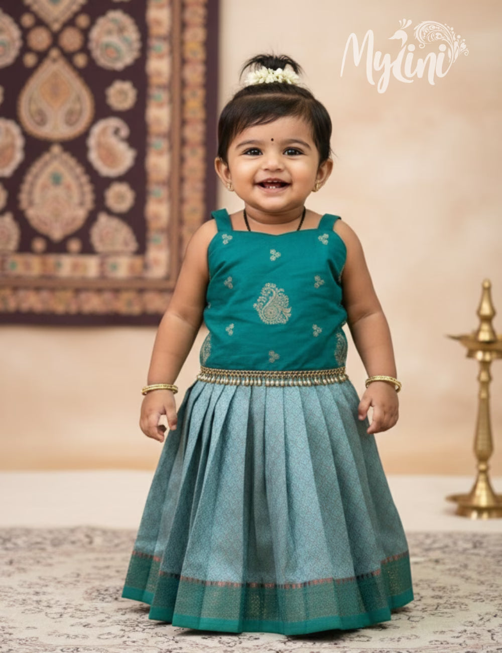 Semi Silk Pattupavadai - Bottle Green Top &amp; Sea Blue Skirt - mylini