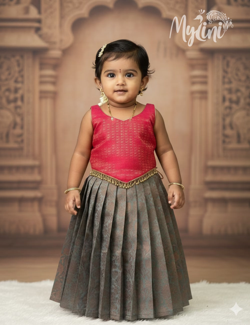 Blush Pink Baby Ethnic Dress - Rose Pink and Ash Grey - mylini