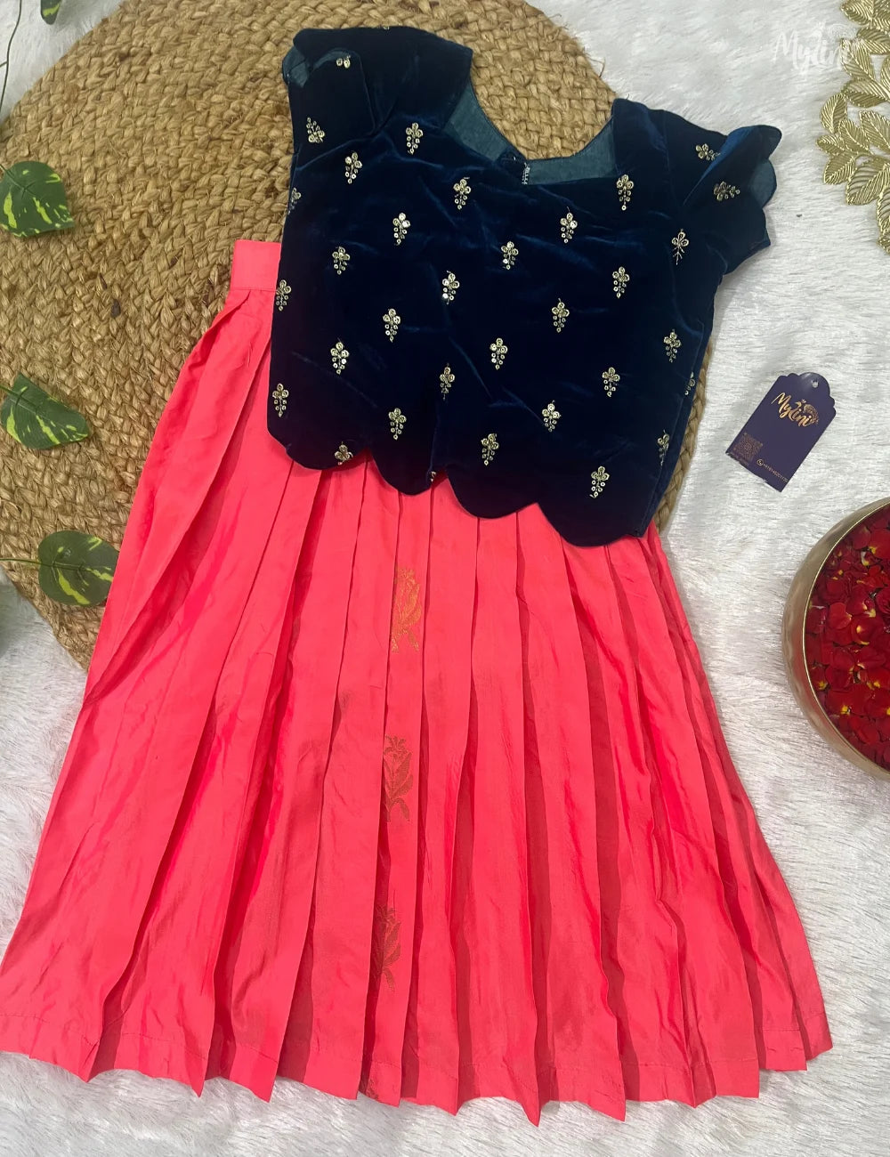 Navy and Peach pattu pavadai set - mylini