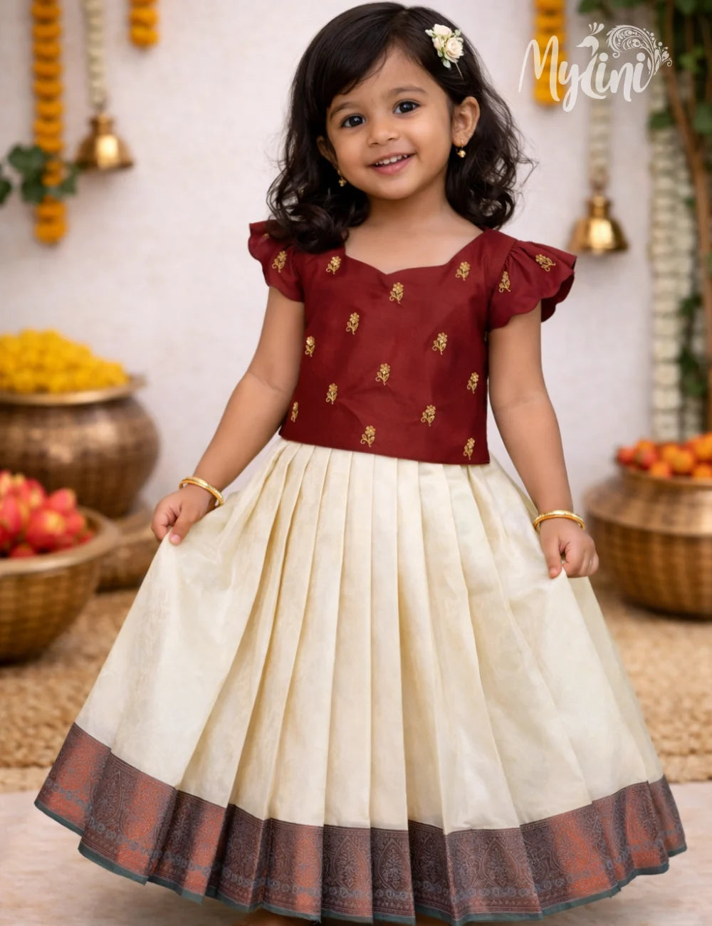 Maroon & Cream Girls Traditional Dress - mylini