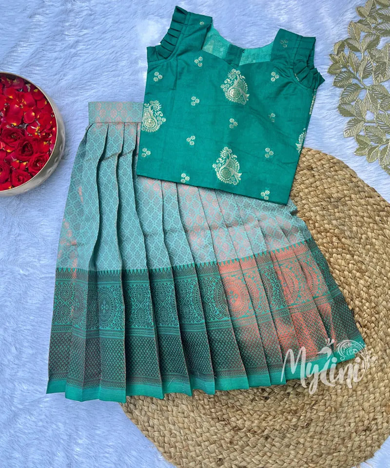 Child wearing a green traditional outfit with a brown background