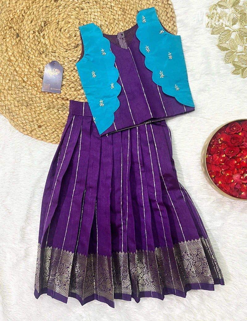 Semi Silk Pattupavadai - Royal Purple & Sky Blue - mylini