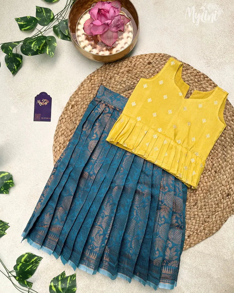 Semi Silk Pattupavadai - Yellow & Blue - mylini