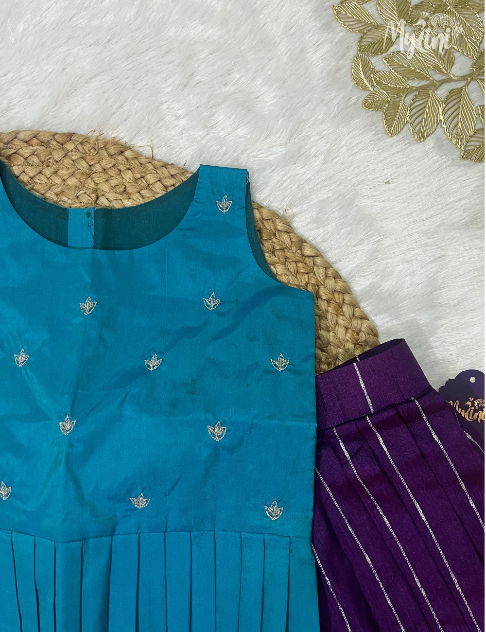 Semi Silk Pattupavadai -  Teal Blue and Royal Purple - mylini